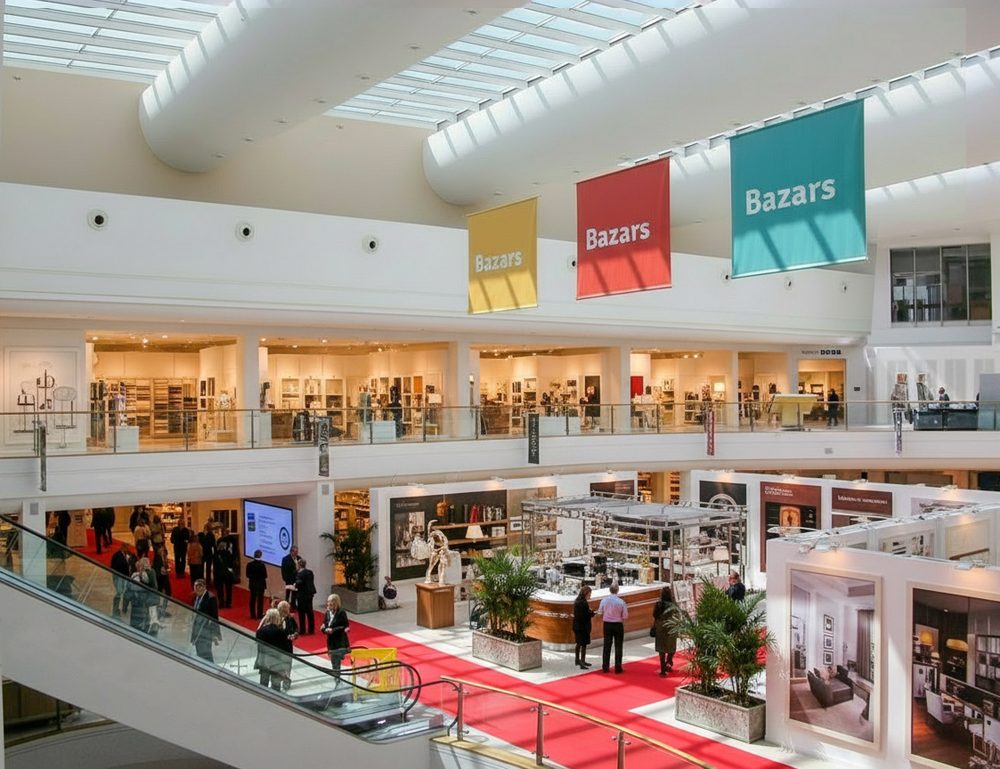 Artist's impression of the Bazars showroom hub main hall: a bright multi-level atrium with exhibitor stands and Bazars banners